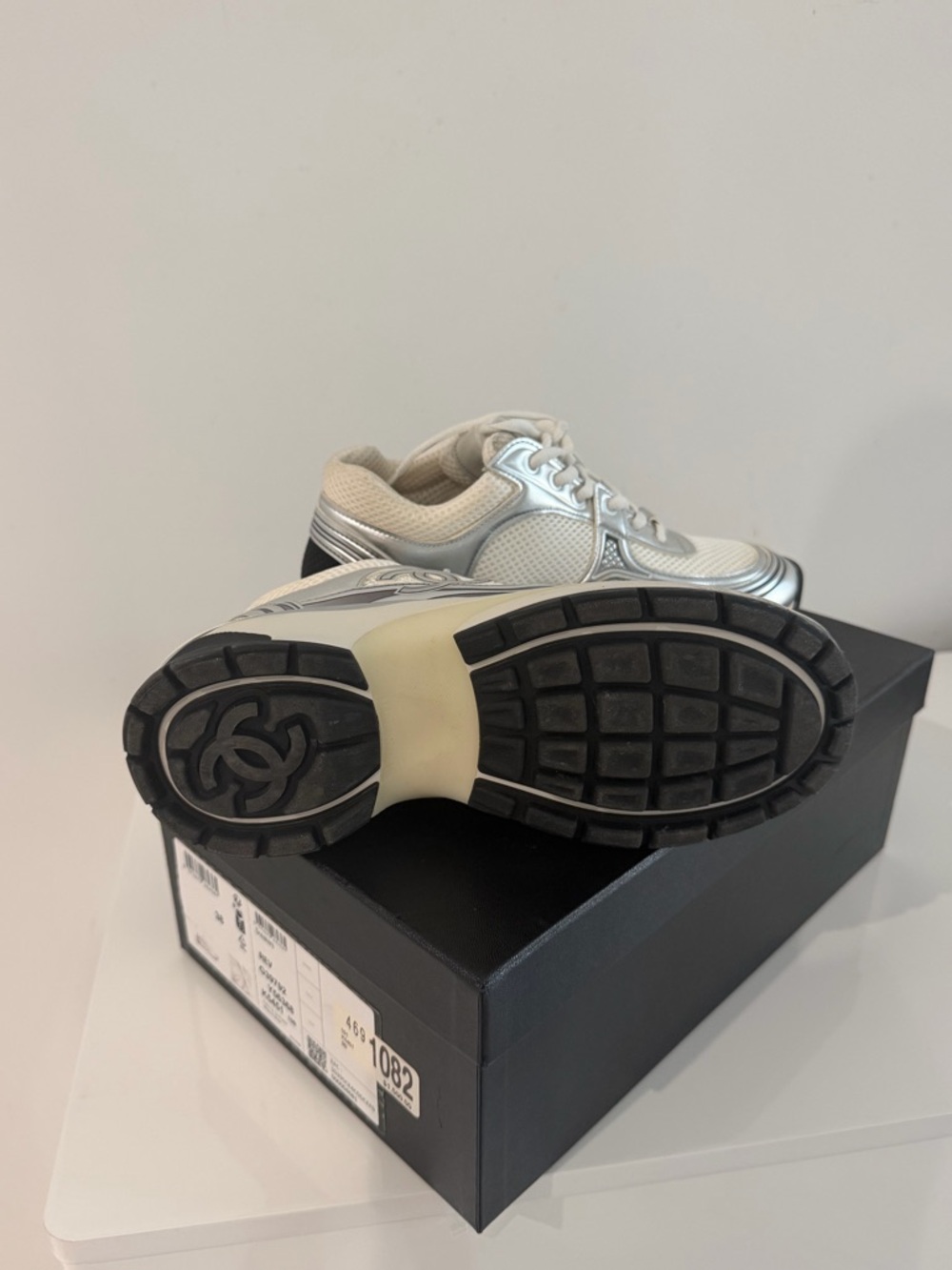 CHANEL Silver and White CC Logo Runner Sneakers - Picture 6 of 7